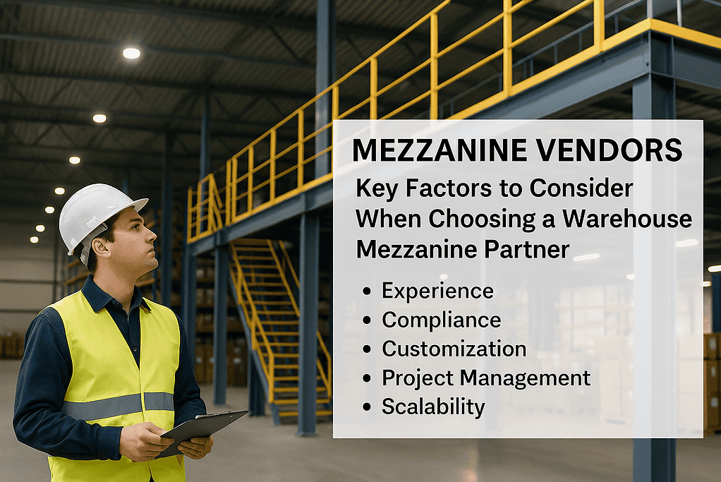 Warehouse worker in safety gear inspecting a steel mezzanine with stairs and railings, illustrating mezzanine vendors expanding warehouse space.