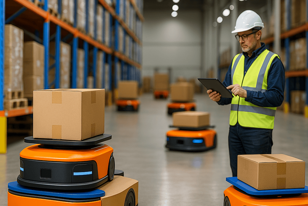 Robot-as-a-Service vendors using autonomous mobile robots in a warehouse, monitored by a worker with a tablet.