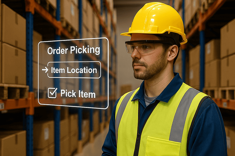 Warehouse worker using augmented reality smart glasses with digital overlays guiding item picking.