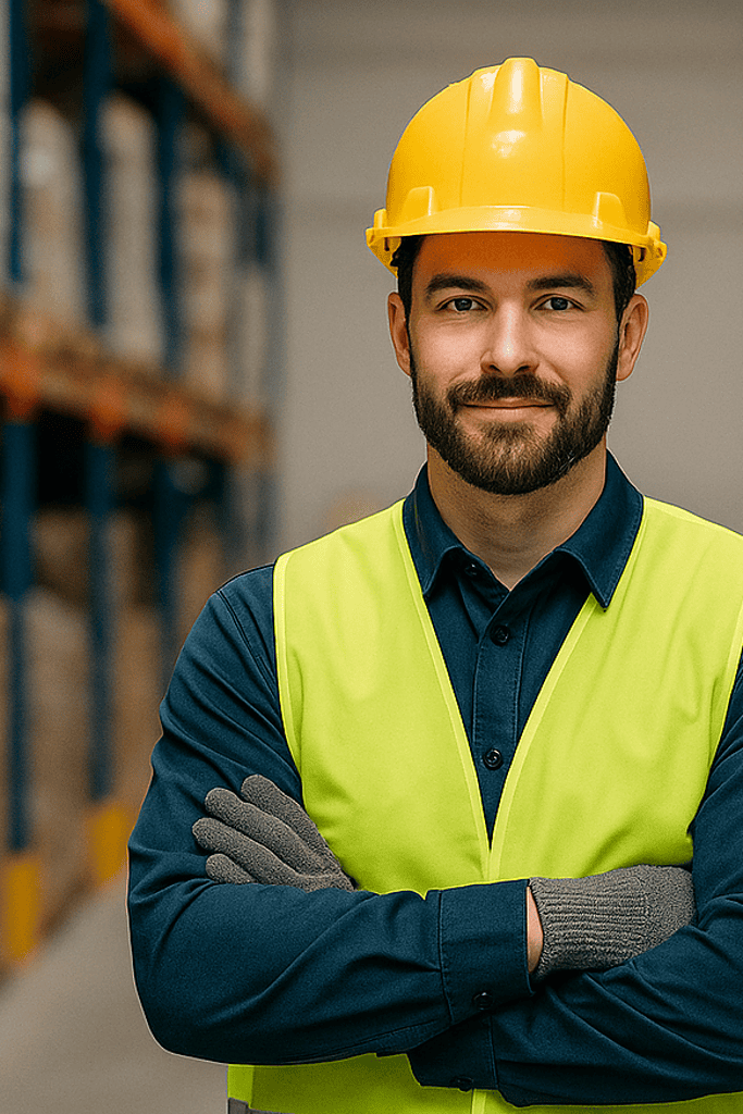 Warehouse worker wearing full safety gear including hard hat, high-visibility vest, gloves, and steel-toe boots.
