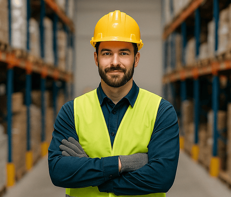 Warehouse worker wearing full safety gear including hard hat, high-visibility vest, gloves, and steel-toe boots.
