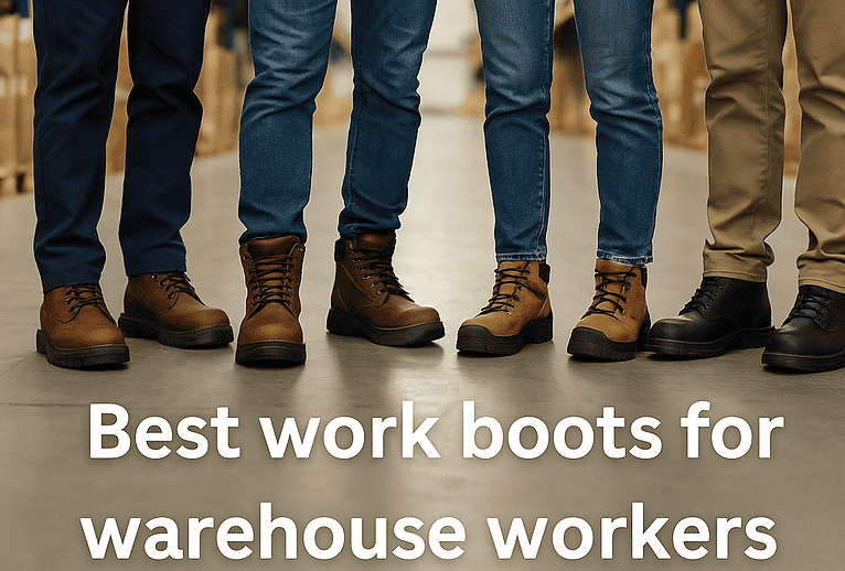 Warehouse workers wearing durable steel toe work boots on a concrete floor, showcasing the best work boots for warehouse workers.