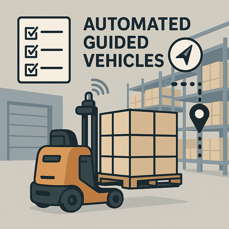 Illustration of an Automated Guided Vehicles (AGV) in a warehouse carrying a pallet of boxes, with navigation icons and storage racks in the background.