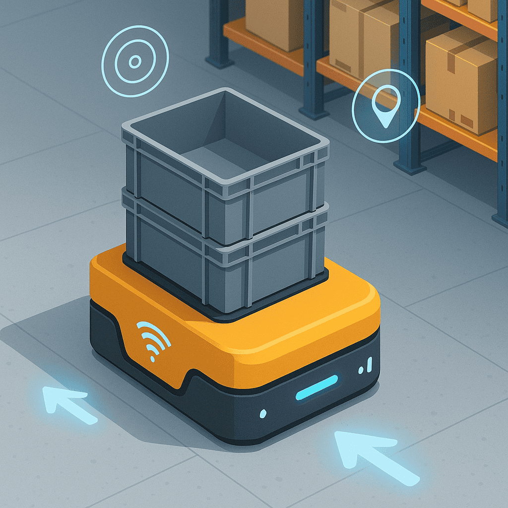Autonomous Mobile Robots AMR carrying storage totes through a warehouse aisle with smart navigation icons.