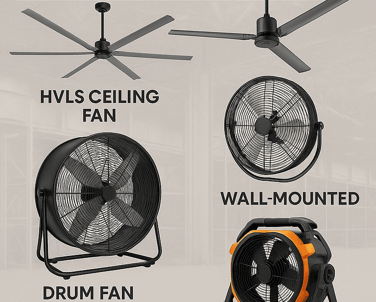 Infographic of best warehouse fans in 2025 including HVLS ceiling fan, drum fan, wall-mounted fan, and portable fan for warehouse cooling.”