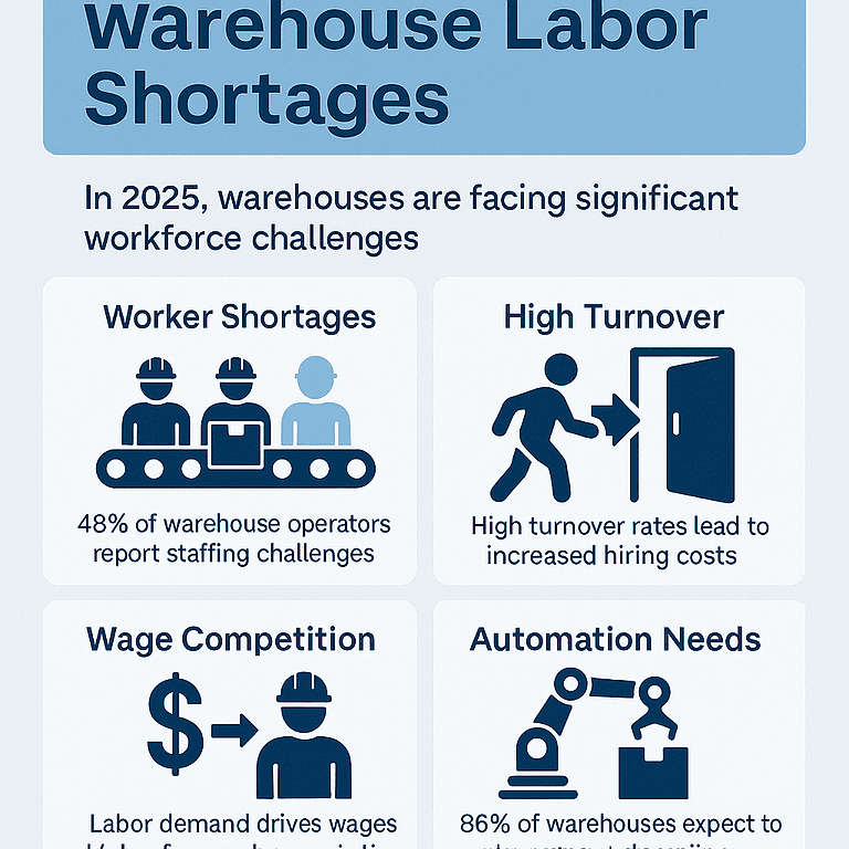 Warehouse labor shortages infographic 2025 showing worker shortages, high turnover, wage competition, and automation needs in warehouses.