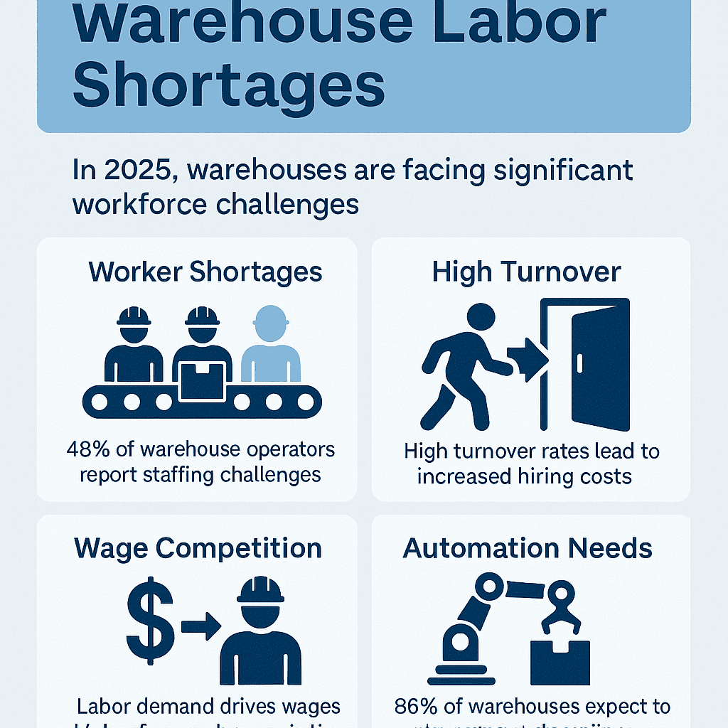 Warehouse labor shortages infographic 2025 showing worker shortages, high turnover, wage competition, and automation needs in warehouses.