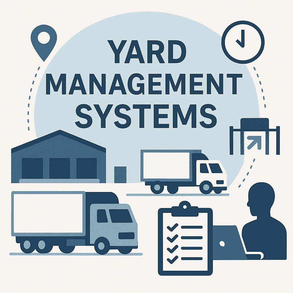Illustration of Yard Management Systems showing trucks, warehouse, checklist, and digital tracking icons representing logistics efficiency.