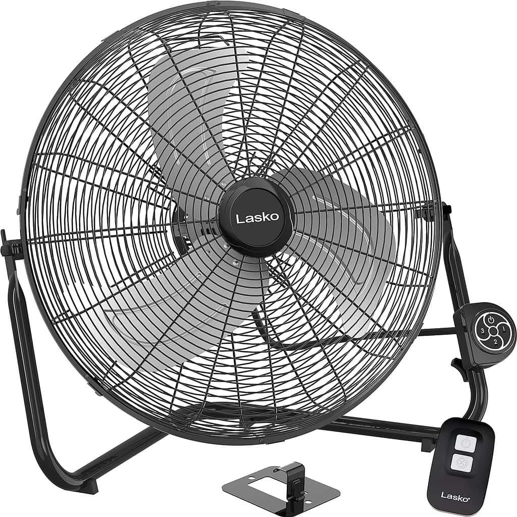 Lasko 20" Black High Velocity Wall Mount Fan with Pivoting Head - 3 Speeds, Remote Control, Ideal Wall Mount Fan or Floor Fan for Home, Garage, Attic, H20660