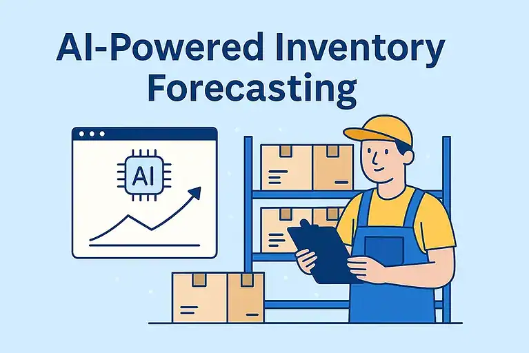 A warehouse worker checks shelves of boxes while an AI-powered forecasting dashboard with a rising graph illustrates the benefits of AI-powered inventory forecasting.