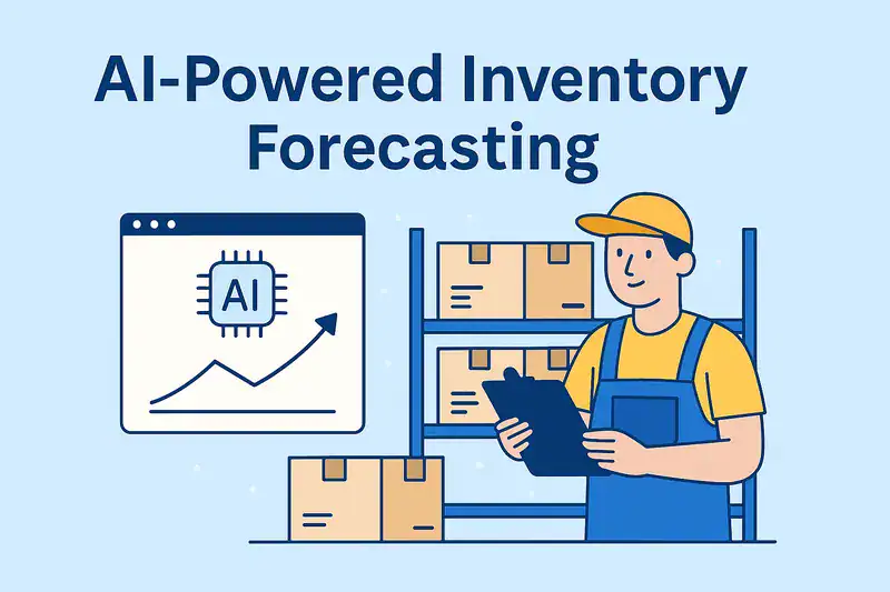 A warehouse worker checks shelves of boxes while an AI-powered forecasting dashboard with a rising graph illustrates the benefits of AI-powered inventory forecasting.