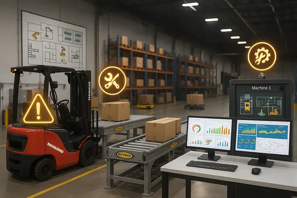 A warehouse with forklifts, conveyors, and IoT monitoring screens showing predictive maintenance alerts to prevent equipment failures.