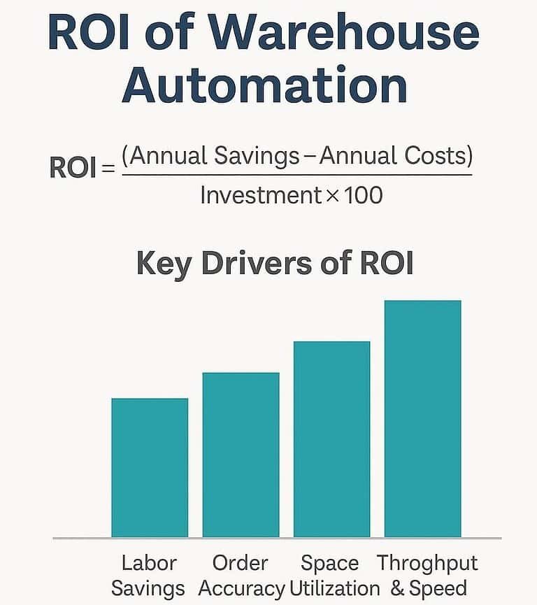 Infographic showing ROI of warehouse automation formula with key drivers: labor savings, order accuracy, space utilization, throughput, and scalability.