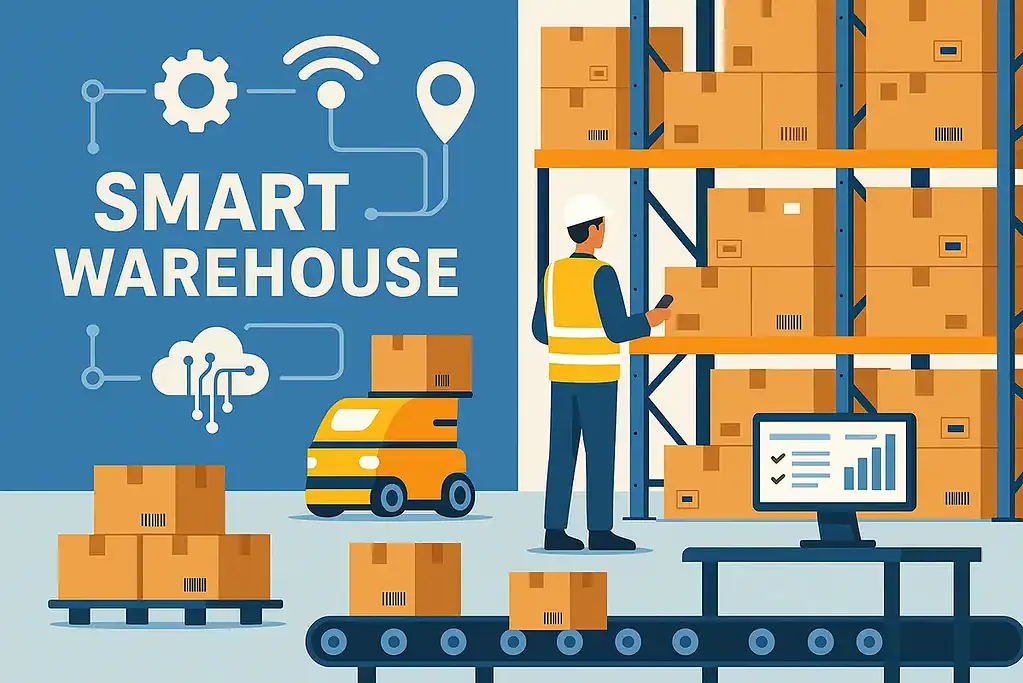 A smart warehouse with shelves, boxes, an autonomous robot, and a worker using a handheld device, connected by digital cloud and IoT icons representing automation.
