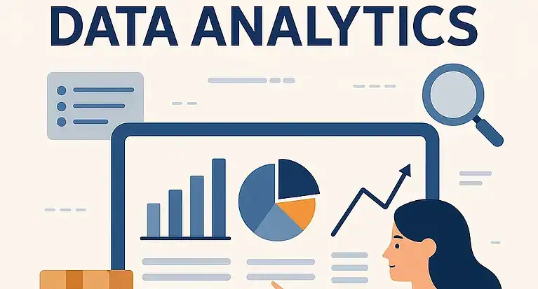 A warehouse professional reviews dashboards with bar graphs, pie charts, and trend lines on a computer screen, symbolizing warehouse data analytics.