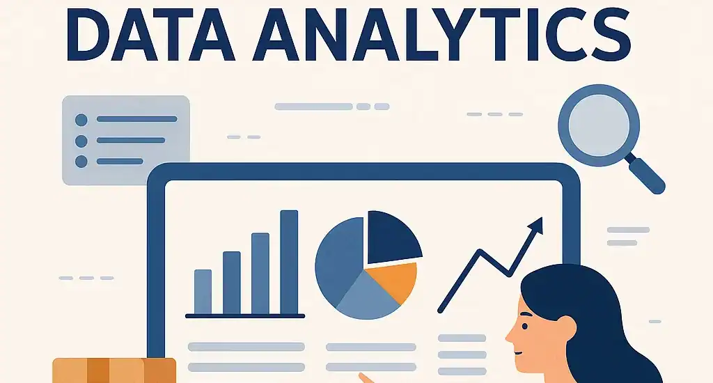 A warehouse professional reviews dashboards with bar graphs, pie charts, and trend lines on a computer screen, symbolizing warehouse data analytics.
