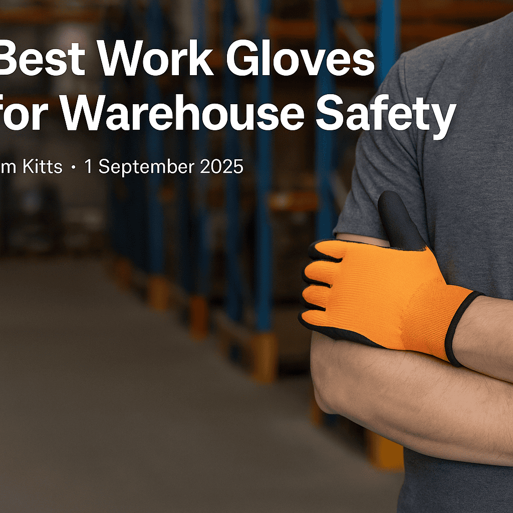 Warehouse worker wearing orange safety gloves in a modern warehouse aisle with racking, symbolizing best work gloves for warehouse safety