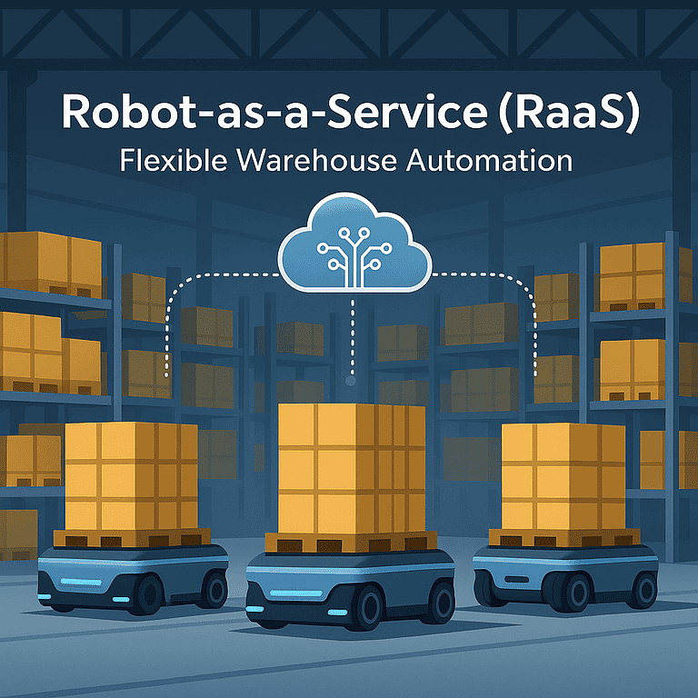 robot-as-a-service warehouse robots transporting pallets under cloud connectivity system in a modern warehouse