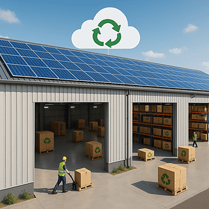 green warehouse with solar panels on the roof, eco-friendly packaging with recycling symbols, and workers moving pallets in a sustainable facility.