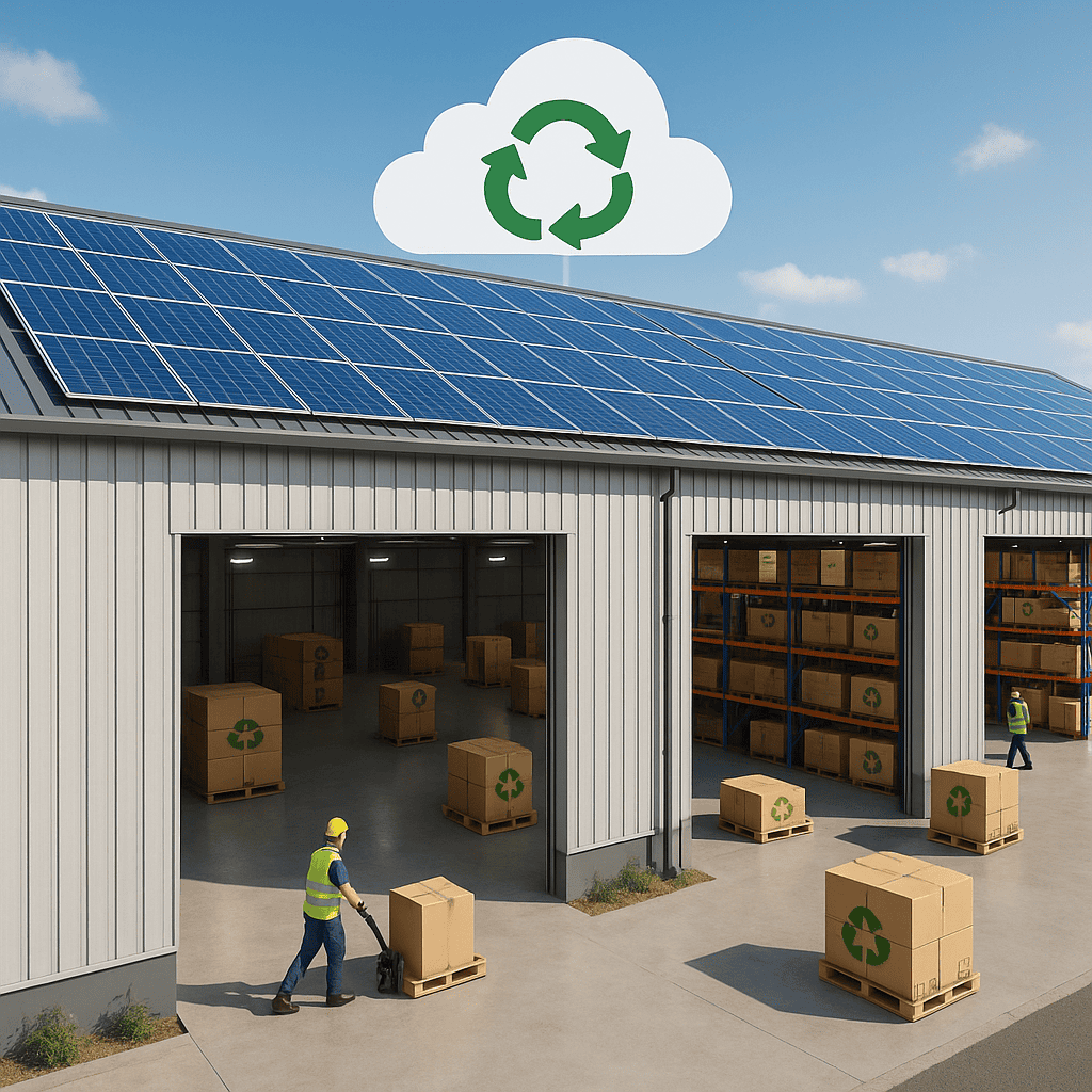 green warehouse with solar panels on the roof, eco-friendly packaging with recycling symbols, and workers moving pallets in a sustainable facility.