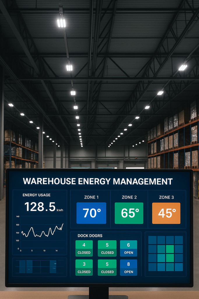 warehouse energy management dashboard displaying real-time kWh, temperature zones, and dock status inside a modern warehouse with LED high-bay lights.