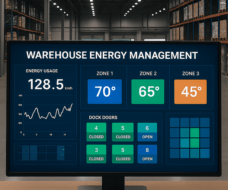warehouse energy management dashboard displaying real-time kWh, temperature zones, and dock status inside a modern warehouse with LED high-bay lights.