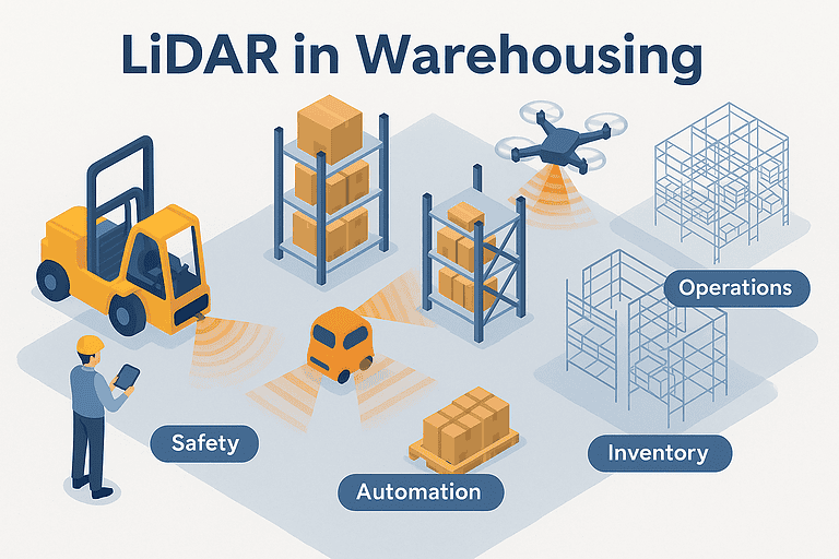 LiDAR in warehousing — forklift, drone, and AGV using LiDAR laser scanning to map shelves and pallets for safety, automation, inventory, and operations.