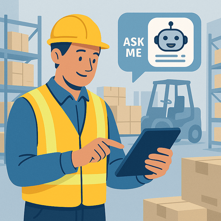 AI assistants for warehouse staff — worker in safety vest using a tablet with chatbot overlay for task guidance inside a warehouse.