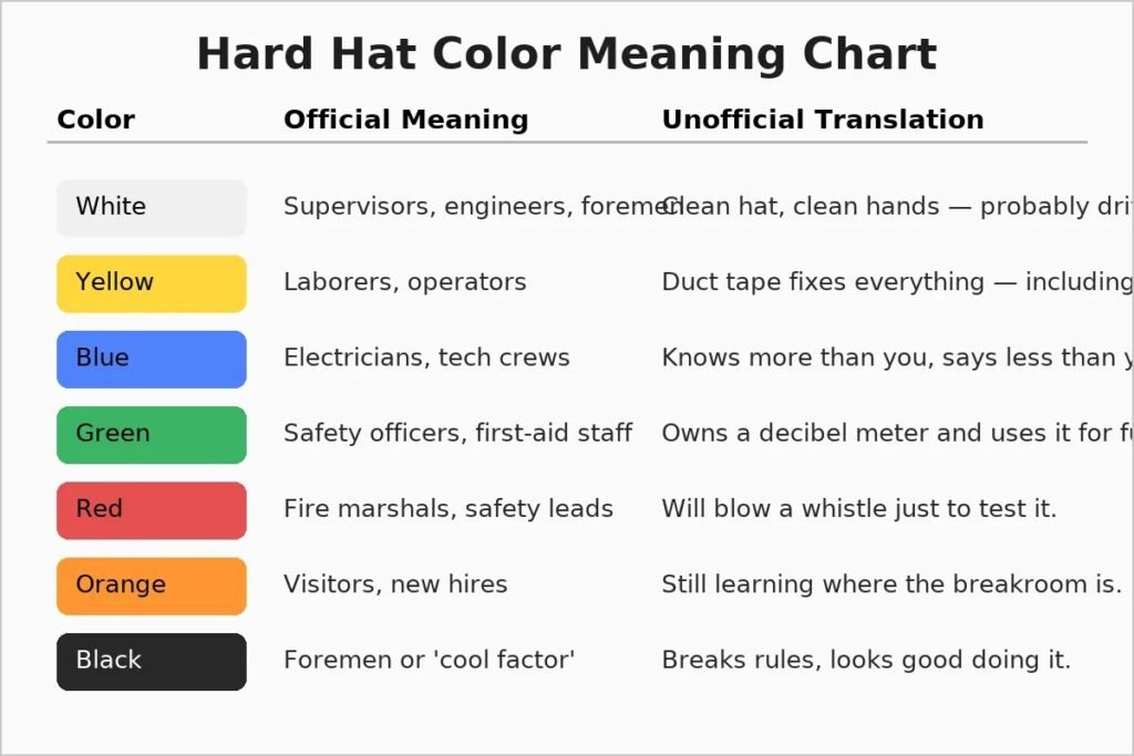 Hard hat color meaning chart showing white, yellow, blue, green, red, orange, and black helmets with official and funny meanings.
