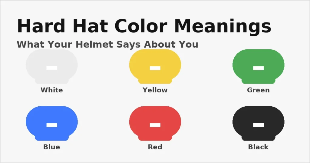 Hard hat color meanings chart — white, yellow, green, blue, red, black helmets with the title Hard Hat Color Meanings
