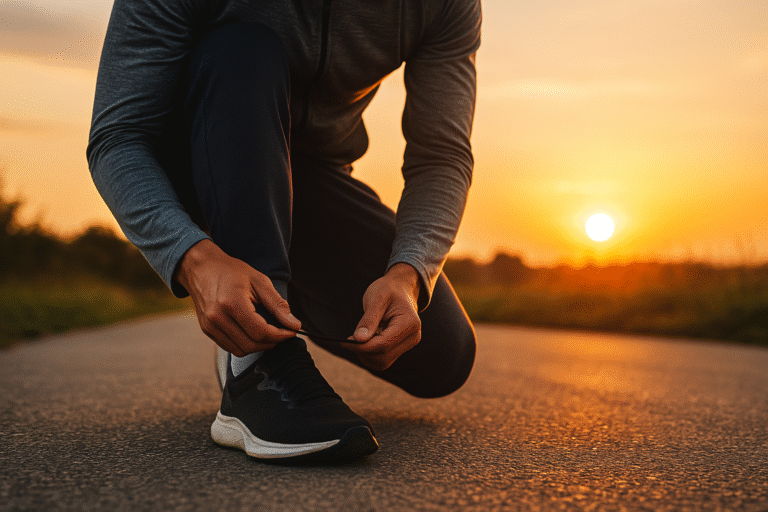 leader training alone before sunrise, tying shoes on an empty road, symbolizing discipline, focus, and the daily commitment to self-improvement, Leadership Discipline