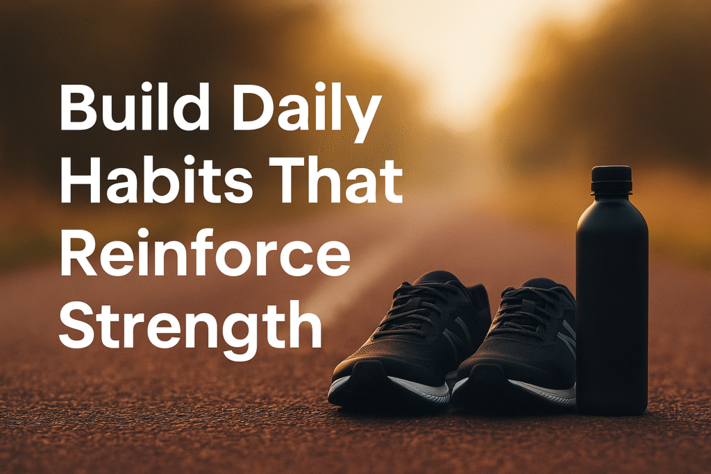 motivational image with running shoes and water bottle on an empty road at sunrise, symbolizing building strong daily habits and reinforcing personal strength