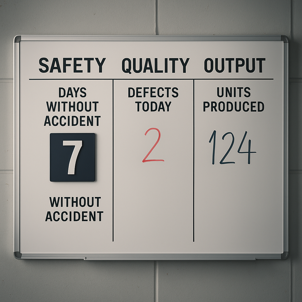 A wall-mounted factory whiteboard showing safety, quality, and output numbers, updated daily by hand.