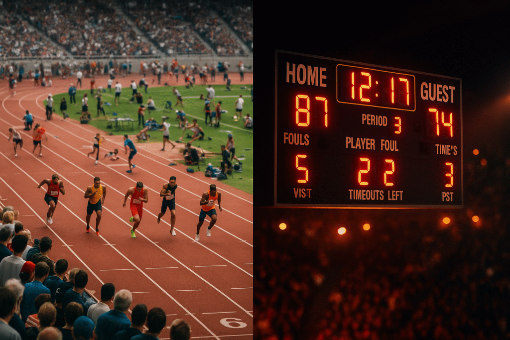 Leadership metrics: A split-scene image showing a chaotic outdoor track meet on one side and a glowing basketball scoreboard inside an arena on the other, symbolizing the contrast between confusion and focused leadership metrics.