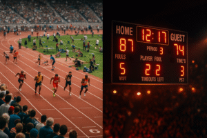 Leadership metrics: A split-scene image showing a chaotic outdoor track meet on one side and a glowing basketball scoreboard inside an arena on the other, symbolizing the contrast between confusion and focused leadership metrics.