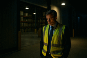 Leadership Decision Story - Warehouse leader standing alone under fluorescent light near loading dock, symbolizing the weight of leadership decisions and accountability.