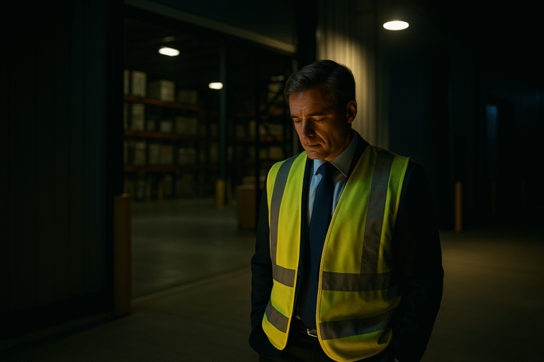 Leadership Decision Story - Warehouse leader standing alone under fluorescent light near loading dock, symbolizing the weight of leadership decisions and accountability.