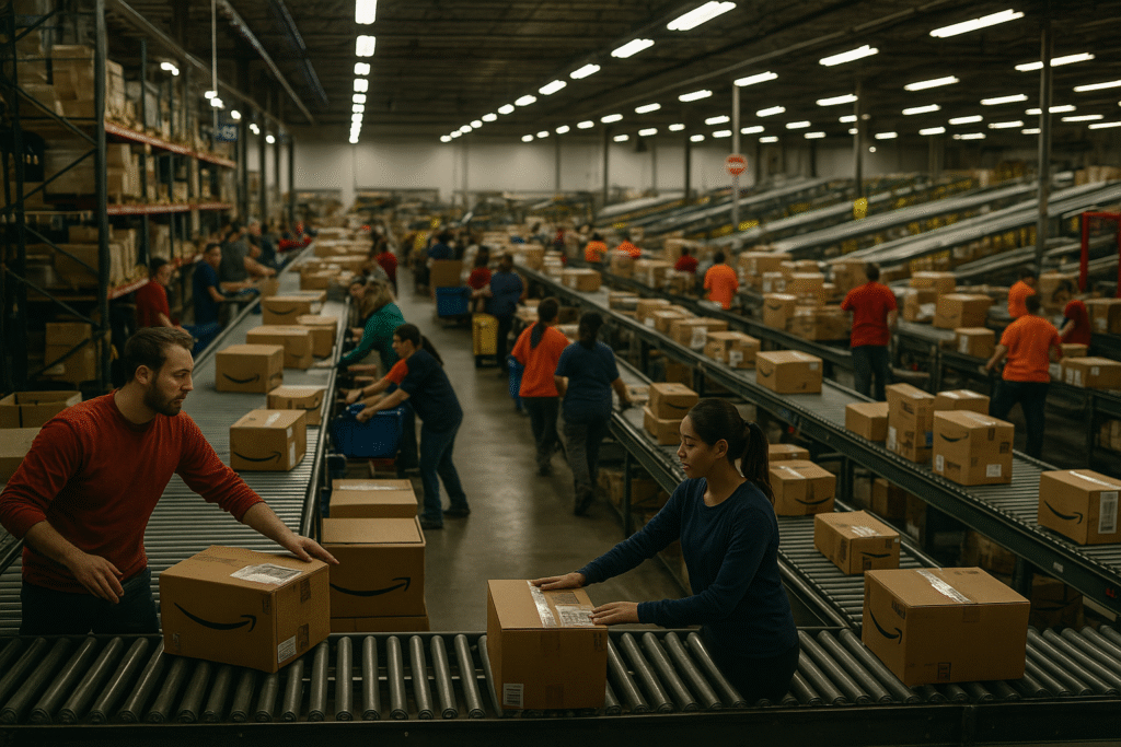 Warehouse team preparing for peak holiday season with stacked boxes and workers moving quickly.