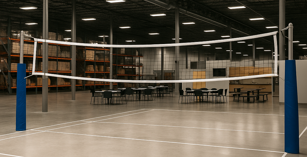 Warehouse volleyball court where employees play during breaks, symbolizing leadership culture, teamwork, and workplace creativity.