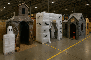 Cafeterias are supposed to be sealed off, protected from dust and debris — not next to forklifts and pick lines. And volleyball? On company property? That’s a lawsuit waiting to happen. But I was wrong. HR had figured it out. They had safety rules — no “kills,” no blocking — just friendly volleys and laughter echoing through the warehouse. What I expected to be chaos turned out to be culture. Every break, associates played volleyball. Managers sat on the bleachers. They had tournaments, brackets, prizes — the whole thing felt more like a backyard barbecue than a warehouse floor. It was amazing. Then October hit. One morning I walked in and noticed the volleyball net was gone. I figured corporate had finally come to its senses and shut it down. But a few days later, I noticed something taking shape in that same spot. The team was building… houses.