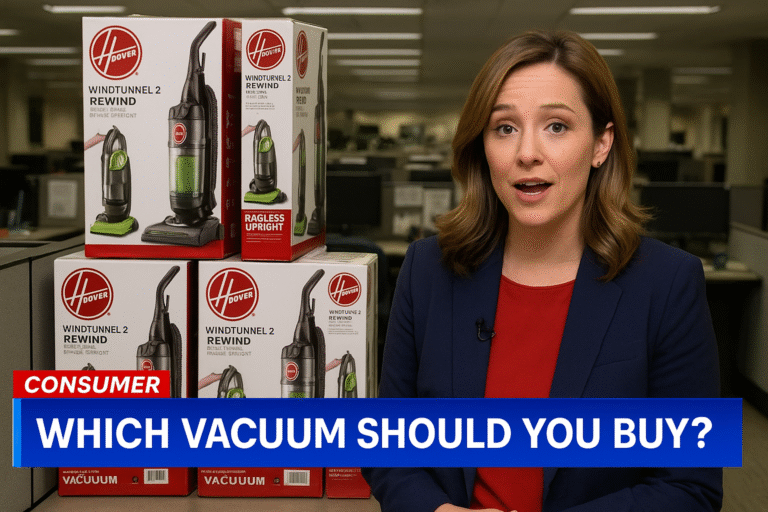 news reporter standing near a cubicle with multiple boxed vacuums stacked behind them, symbolizing a warehouse shipping mistake featured in a leadership awareness story