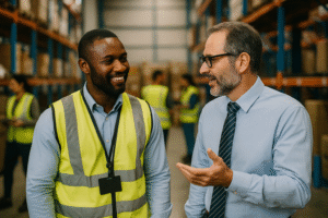 two warehouse managers standing on a busy warehouse floor, one listening attentively to the other, representing a people-first leadership approach focused on connection and trust - leadership people first story