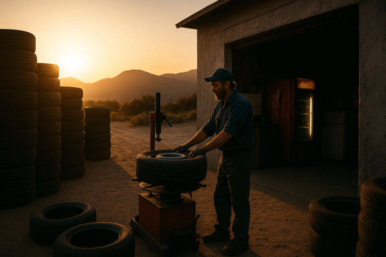 tire shop mechanic working outside a small mountain-town garage at sunrise, surrounded by stacked tires, symbolizing leadership consistency story and discipline