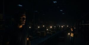 Warehouse team working by flashlight during a power outage — a leadership resilience story showing teamwork, determination, and unity in the dark.