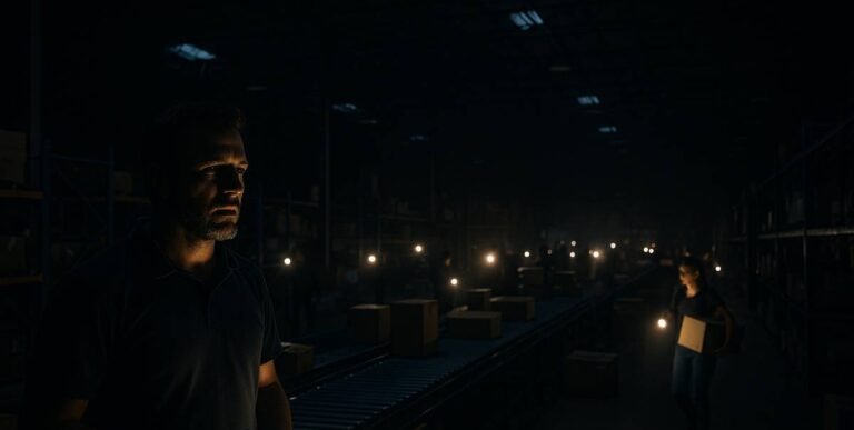 Warehouse team working by flashlight during a power outage — a leadership resilience story showing teamwork, determination, and unity in the dark.
