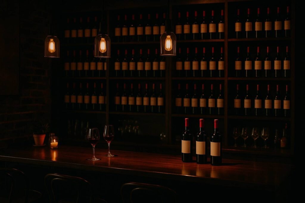A dimly lit Boston wine bar with shelves of red wine bottles and warm lighting, symbolizing reflection and self-awareness in leadership.